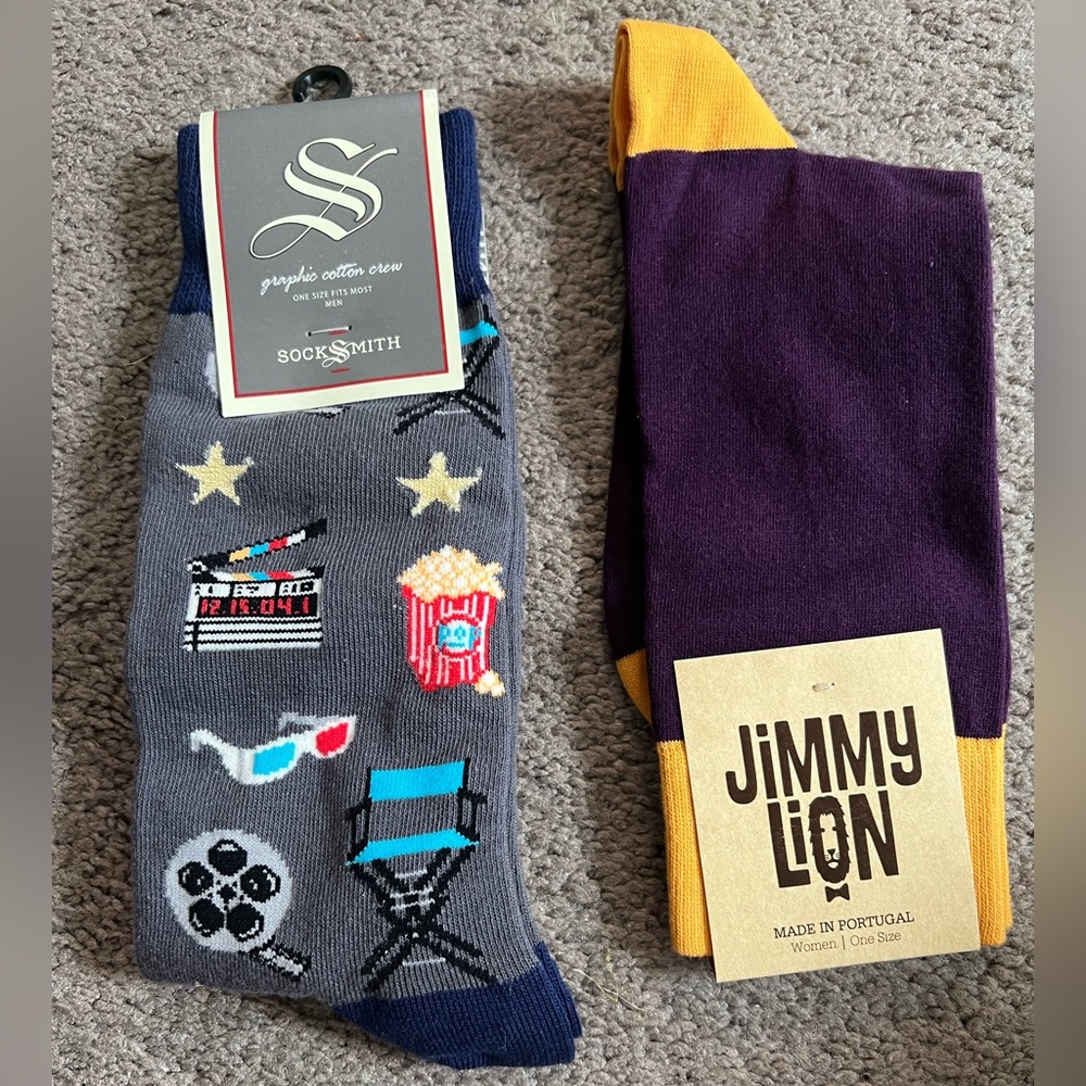 2 PAIR OF DRESS SOCKS SOCK SMITH MOVIE NIGHT & JIMMY LION SOCKS *NWT*